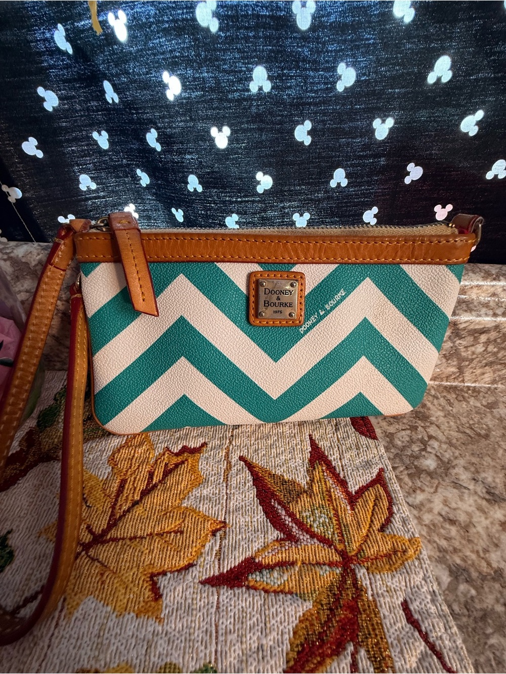 Dooney & Bourke Teal and Cream Chevron Wristlet with Leather Trim